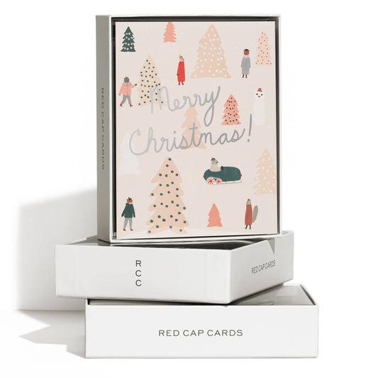 Red Cap Cards - Pink Trees Christmas greeting card