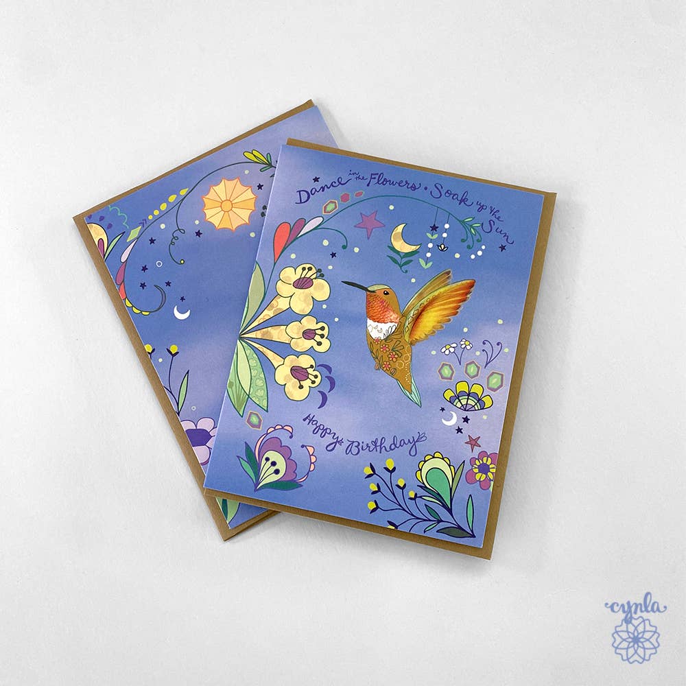 Cynla - Hummingbird Dance Birthday Card - orange bird flower garden