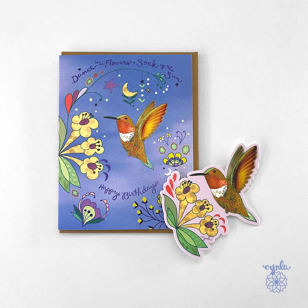 Cynla - Hummingbird Dance Birthday Card - orange bird flower garden