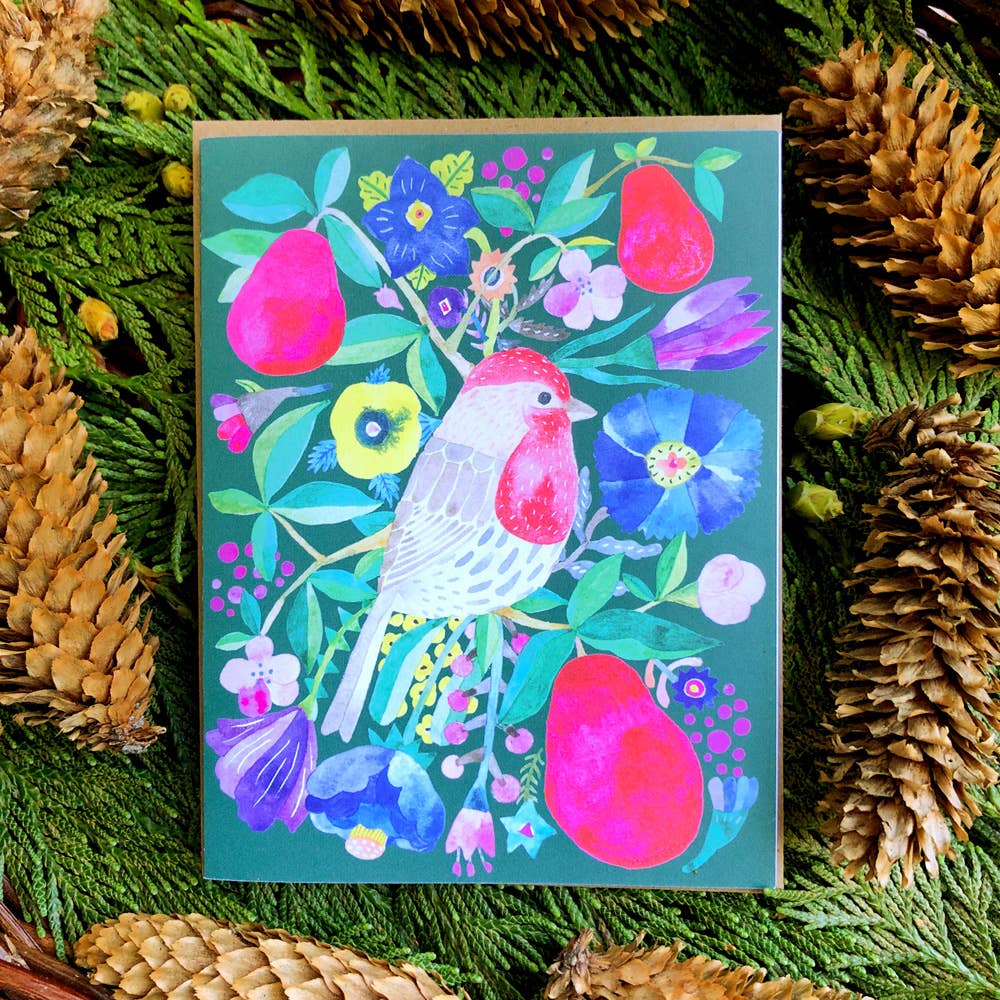 Honeyberry Studios - House Finch & Red Pear Christmas Greeting Card : Individual