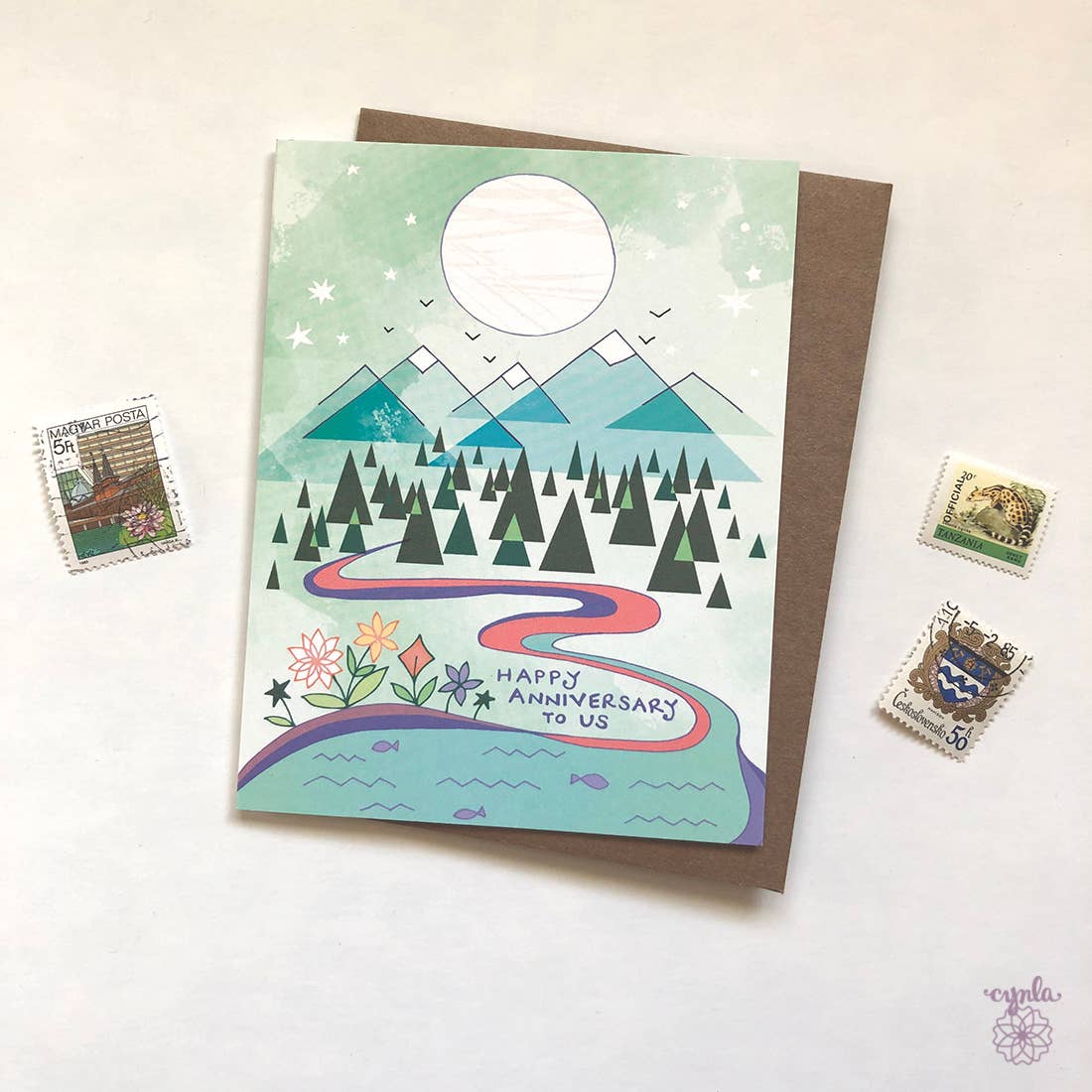 Cynla - Anniversary Card - mountains, river, happy anniversary to us