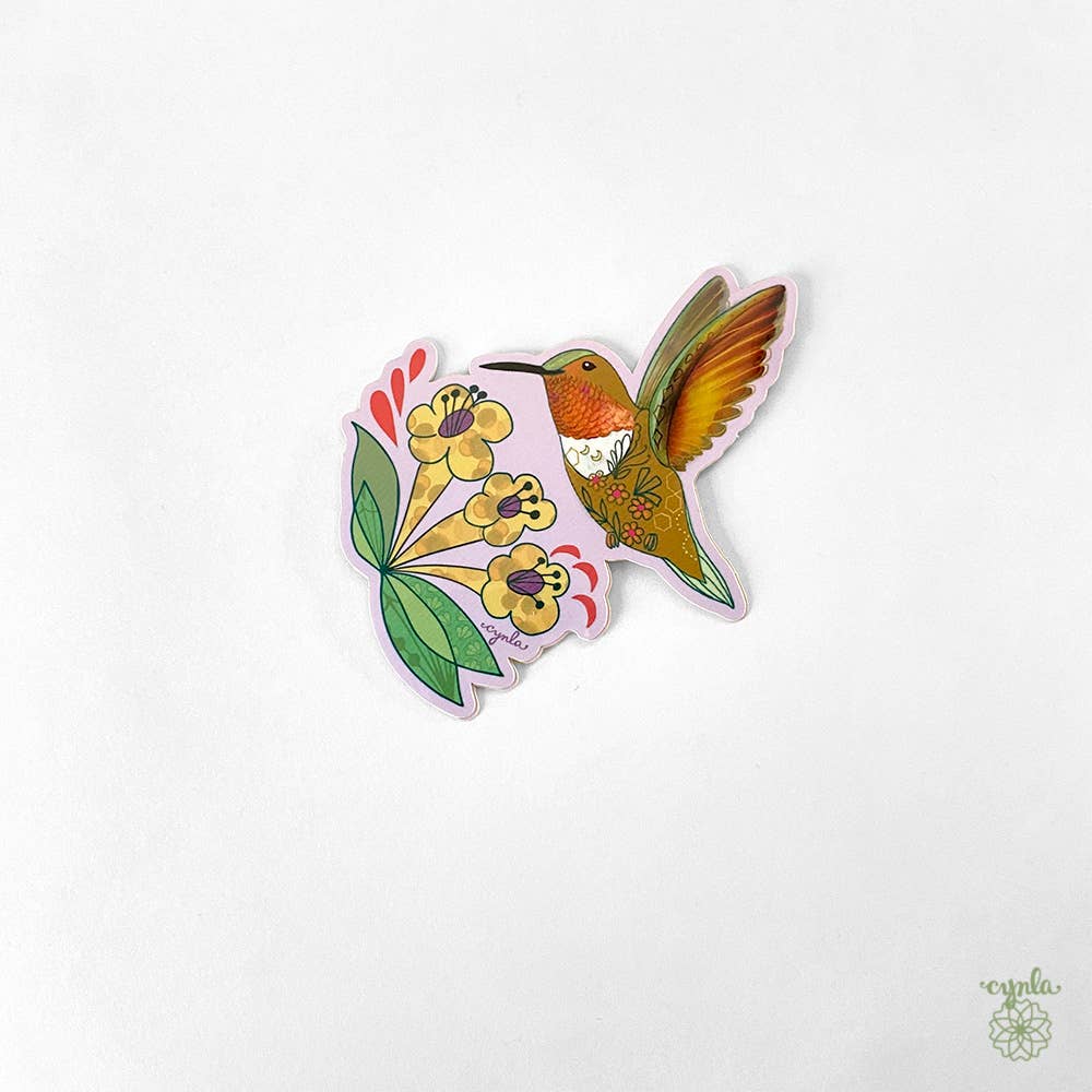 Cynla - Hummingbird Dance Birthday Card - orange bird flower garden