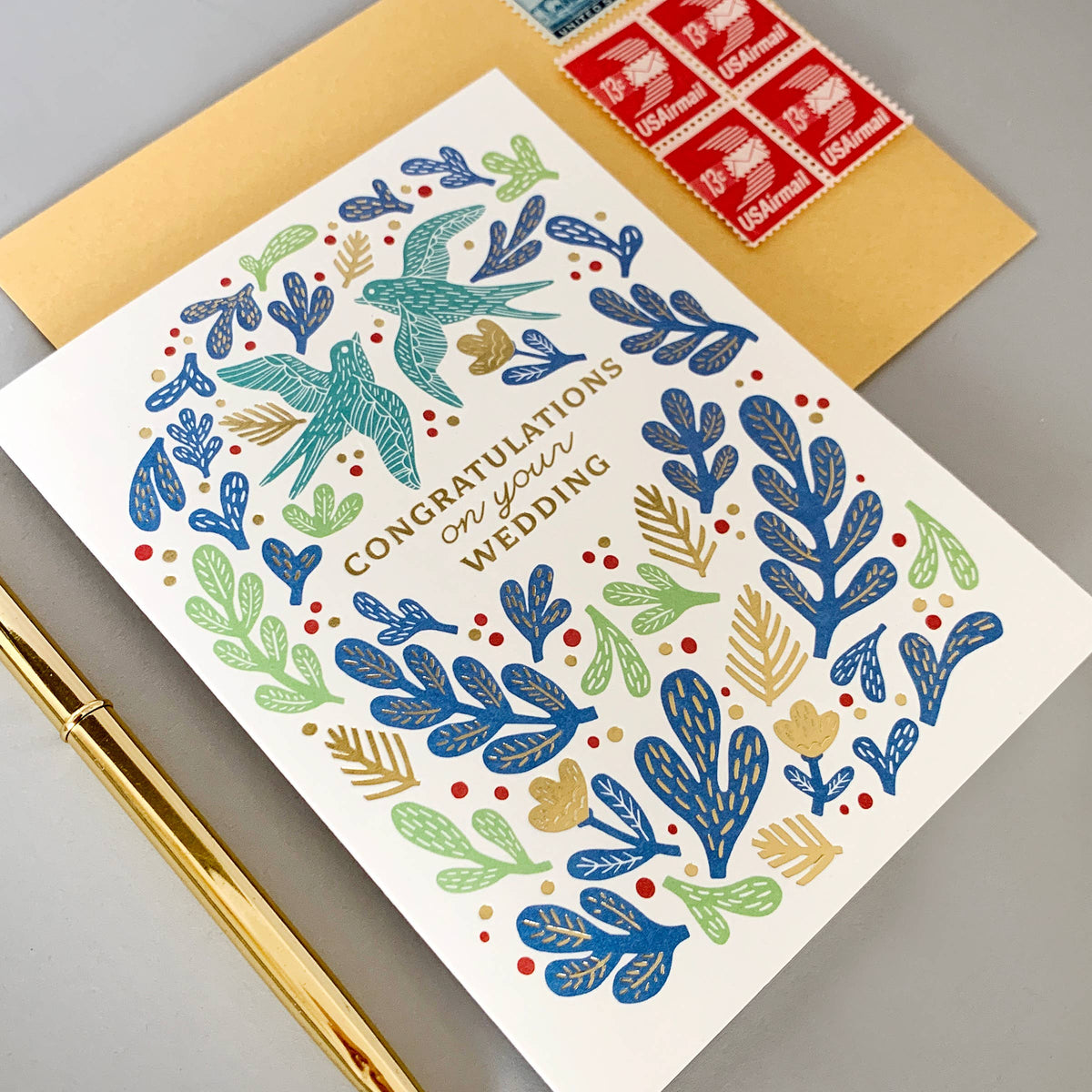 Paper Parasol Press - Bird Wedding Congratulations Card with Gold Foil