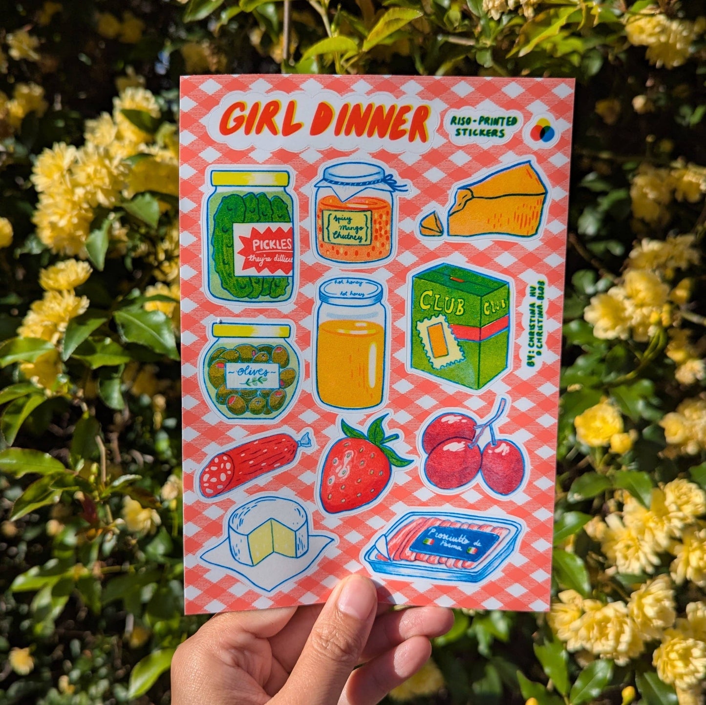 Christina Hu - Girl Dinner Risograph Sticker Sheet | 5"x7" Waterproof Vinyl