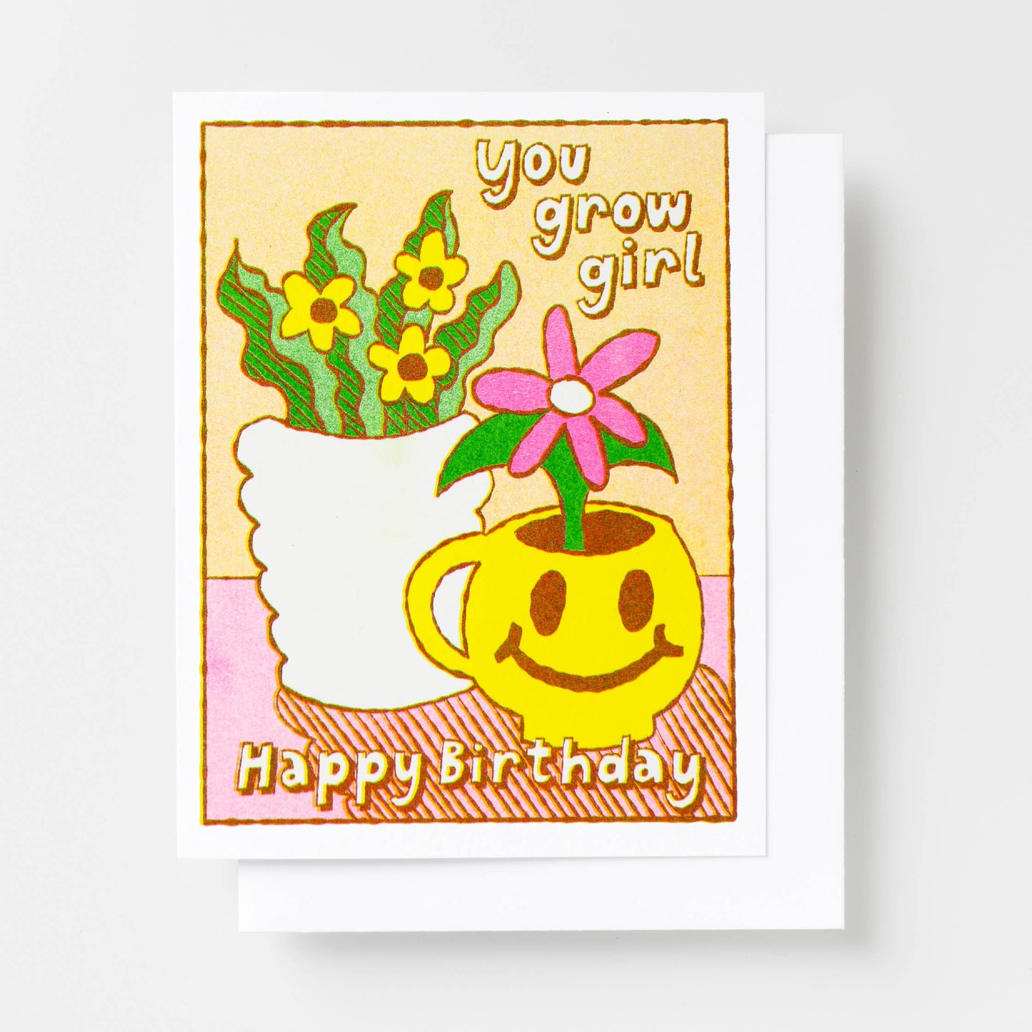 Yellow Owl Workshop - You Grow Girl - Smiley Face Plant Birthday Risograph Card
