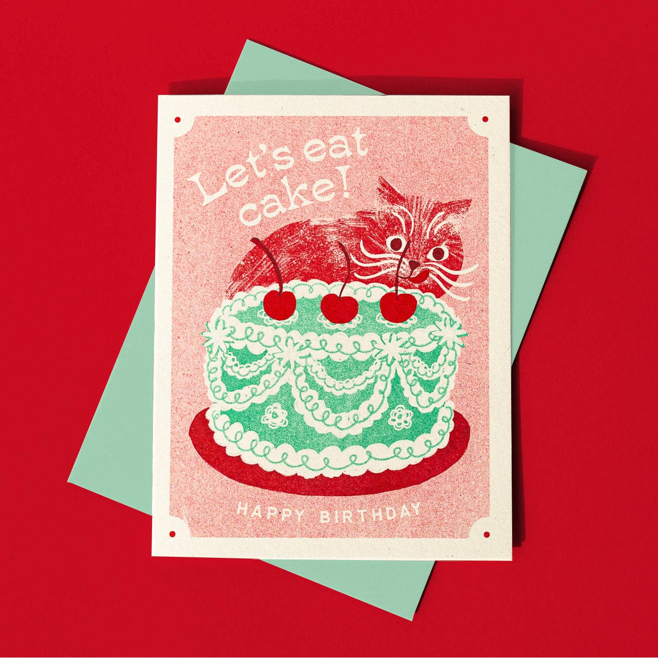 Bromstad Printing Co. - Let's Eat Cake Cat - Risograph Birthday Card