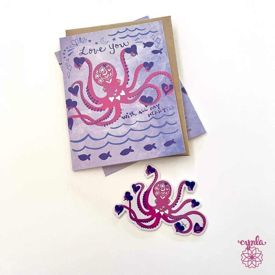 Cynla - Octopus Hearts Greeting card - love heart animal cards ocean