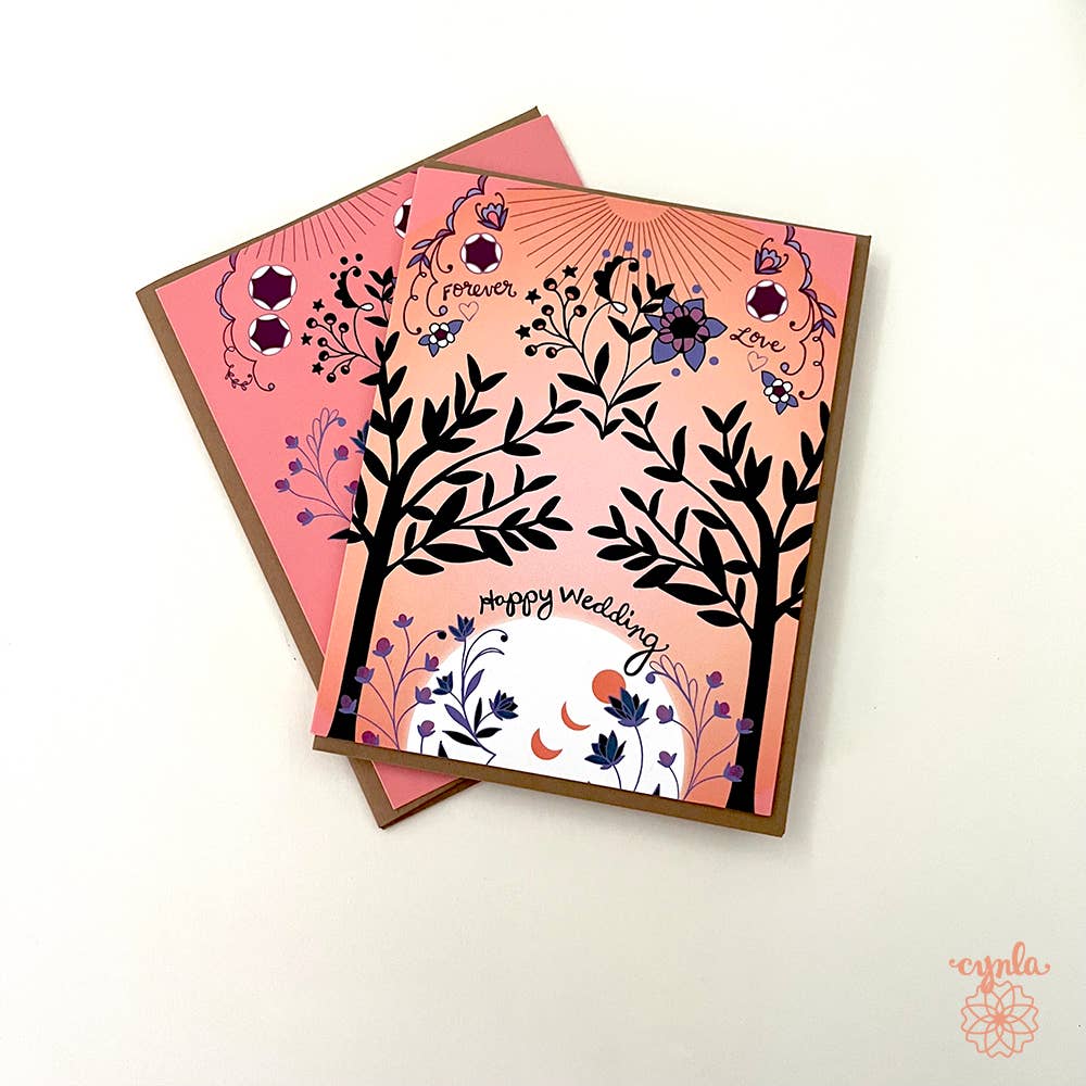 Cynla - Wedding Trees greeting card- nature wedding coral orange