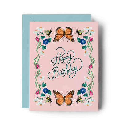 Brenna Daugherty Illustration - Pink Floral Birthday Card with Monarch Butterflies & Bees