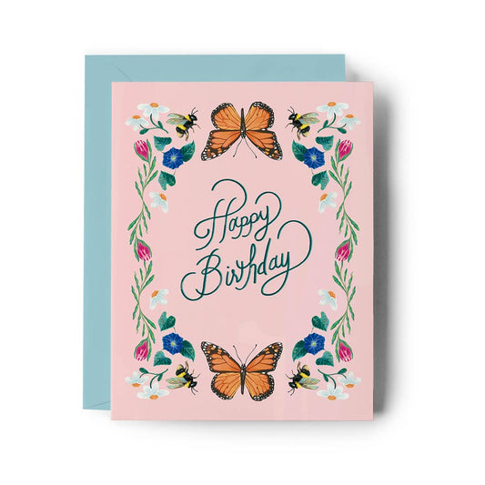 Brenna Daugherty Illustration - Pink Floral Birthday Card with Monarch Butterflies & Bees