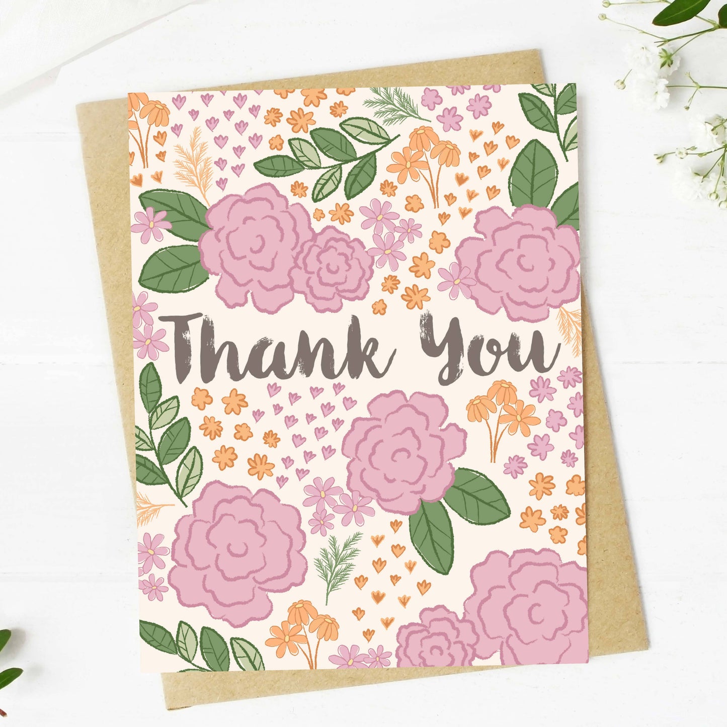 Big Moods - Pink Florals Thank You Cursive Card