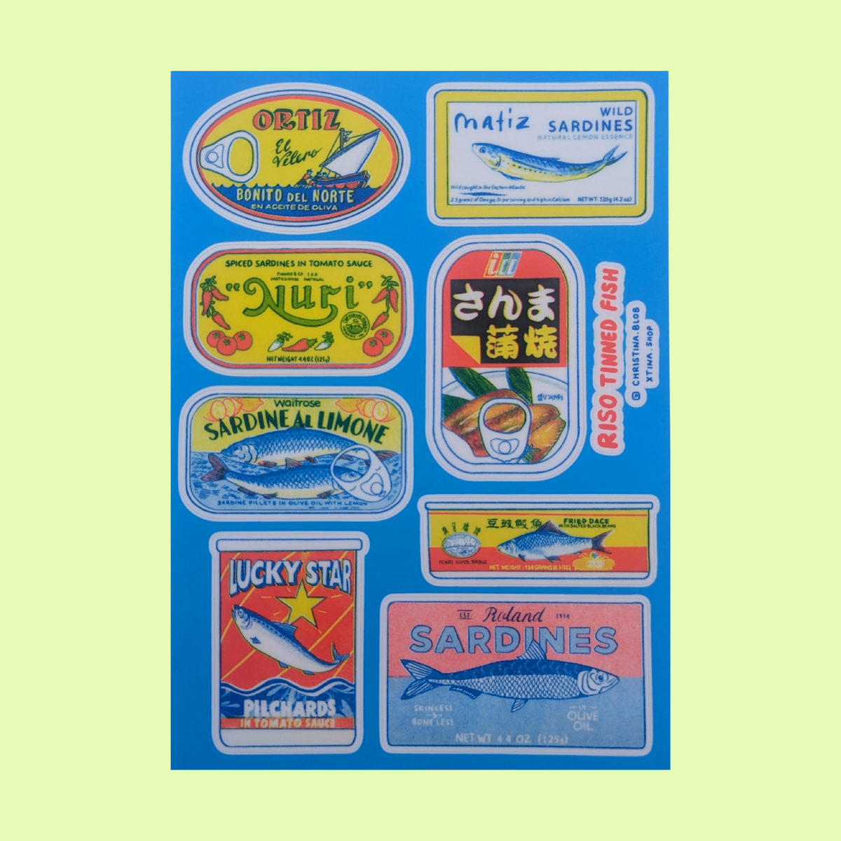 Christina Hu - Tinned Fish Riso Sticker Sheet | 5"x7"