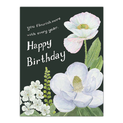Yardia - Floral Birthday Card - White and Green Magnolia and Poppy