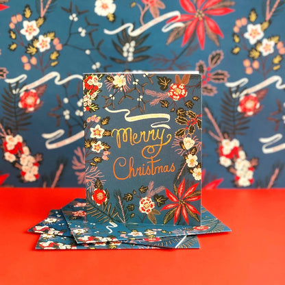 Red Cap Cards - Blue Poinsettia holiday wrapping paper: Rolls of 3 sheets