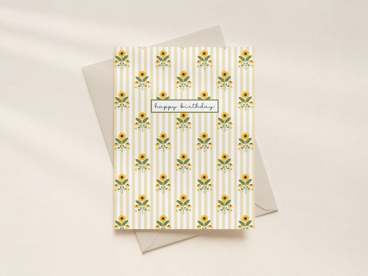 Oak Shore Collective LLC - Birthday Card | Sunflowers + Butter Yellow Stripes