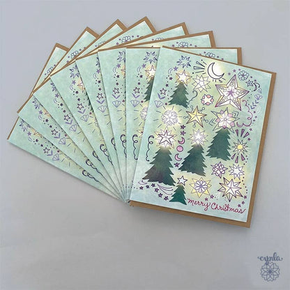 Cynla - BOX of 8 Starry Trees Christmas Card glowing light star warm