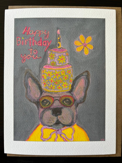 Bernie Street Studios - Happy Birthday cake hat French bull dog greeting card