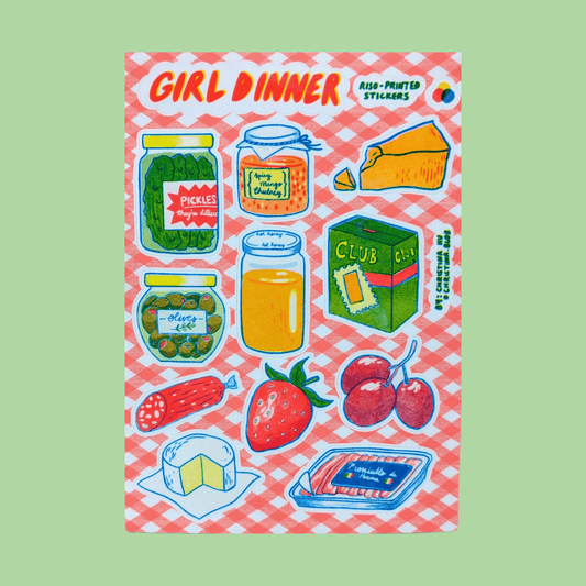 Christina Hu - Girl Dinner Risograph Sticker Sheet | 5"x7" Waterproof Vinyl