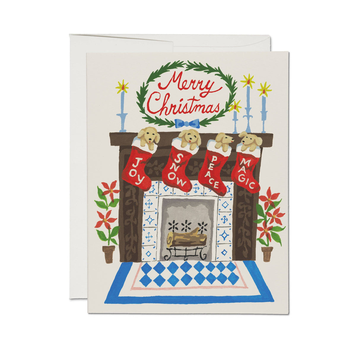 Red Cap Cards - Fireplace Puppies greeting card: Single