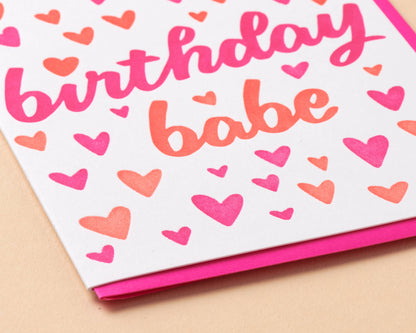 And Here We Are - Birthday Babe Letterpress Greeting Card - Barbie, Hearts - Made in USA - Summer