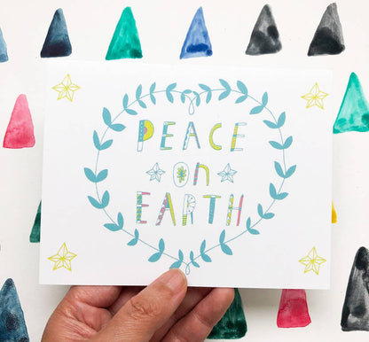 Honeyberry Studios - Peace on Earth Holiday Greeting Card: Green and Orange