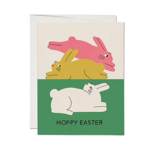 Red Cap Cards - Colorful Bunnies greeting card: Single