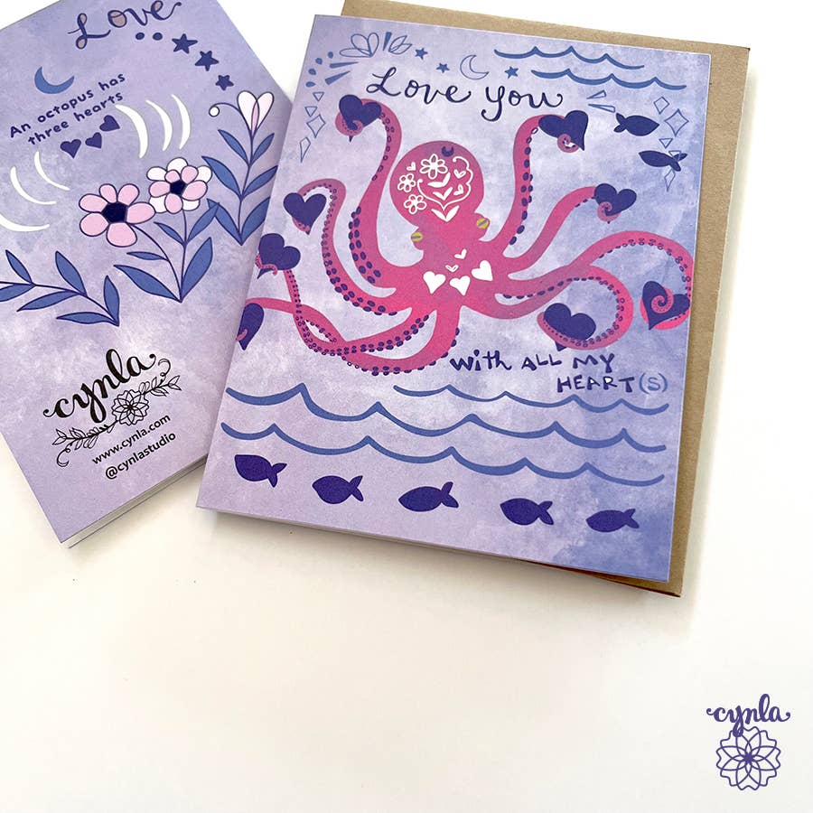 Cynla - Octopus Hearts Greeting card - love heart animal cards ocean