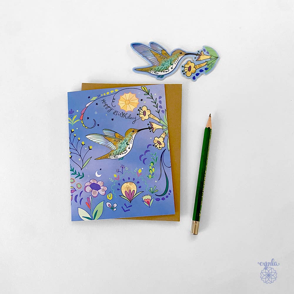 Cynla - Hummingbird Blue Birthday Card - Bird flower garden greeting