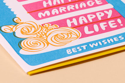 And Here We Are - Letterpress Wedding Card—Happy Marriage/Life (Cake, Cute)