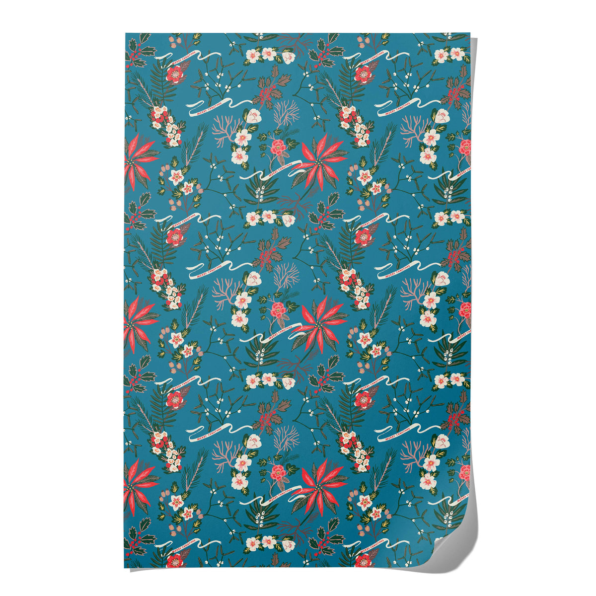 Red Cap Cards - Blue Poinsettia holiday wrapping paper: Rolls of 3 sheets