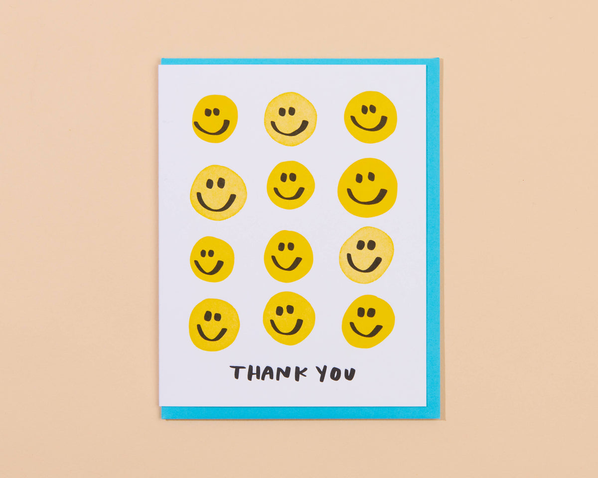 And Here We Are - Letterpress Thank You Card—Smiley Thanks (Colorful, Cute)