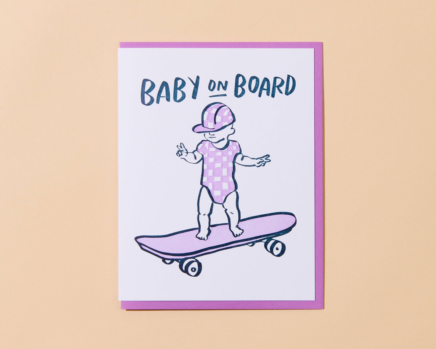 And Here We Are - Letterpress New Baby Card—Baby on Board (Skater, Cheeky)