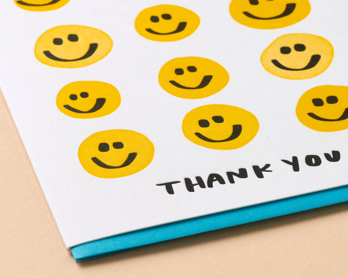 And Here We Are - Letterpress Thank You Card—Smiley Thanks (Colorful, Cute)