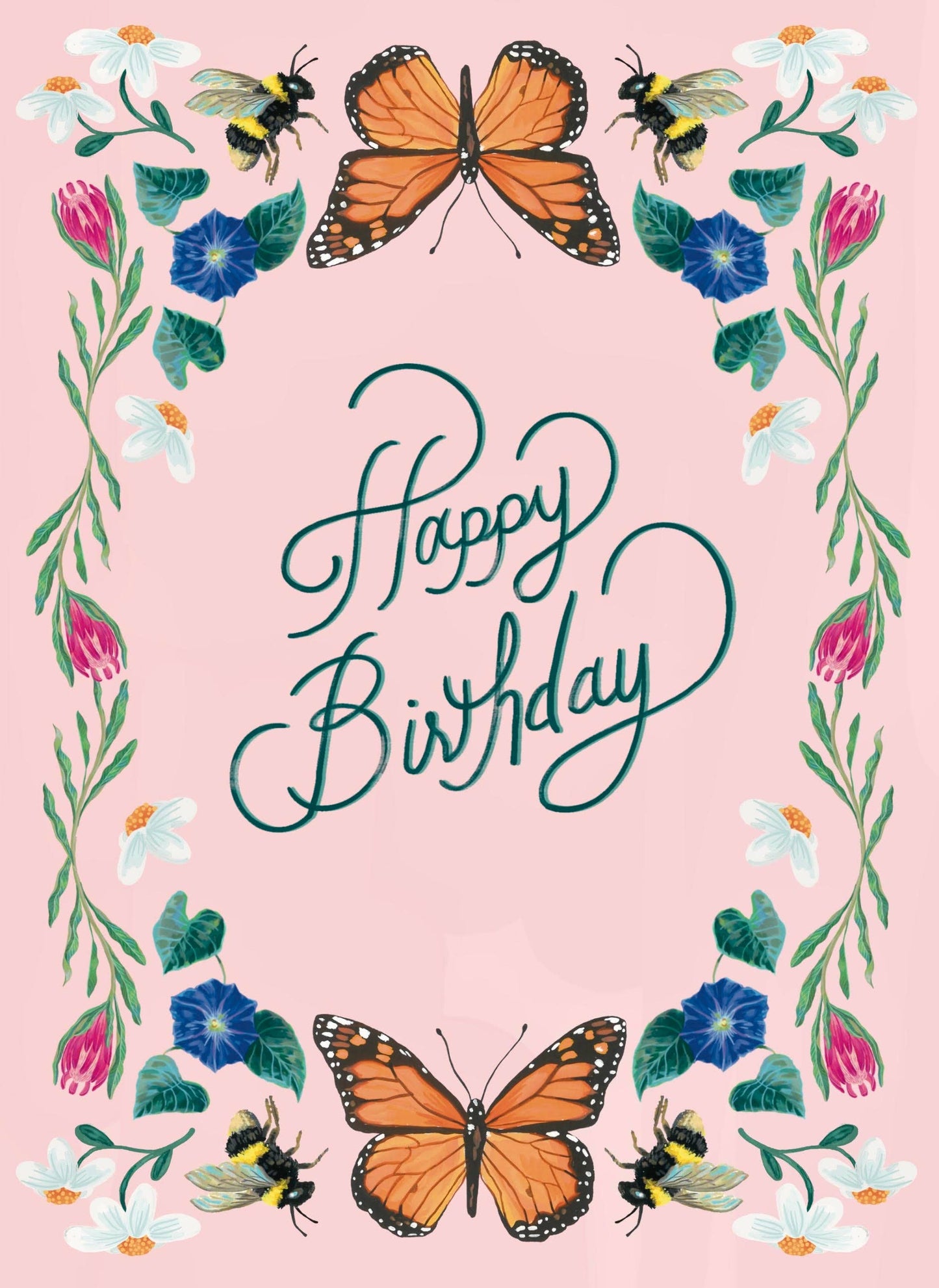 Brenna Daugherty Illustration - Pink Floral Birthday Card with Monarch Butterflies & Bees
