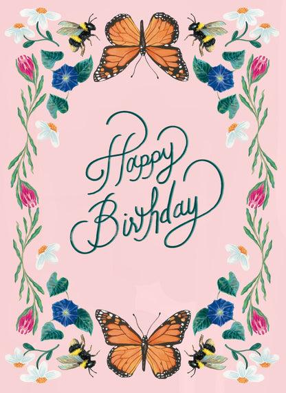 Brenna Daugherty Illustration - Pink Floral Birthday Card with Monarch Butterflies & Bees