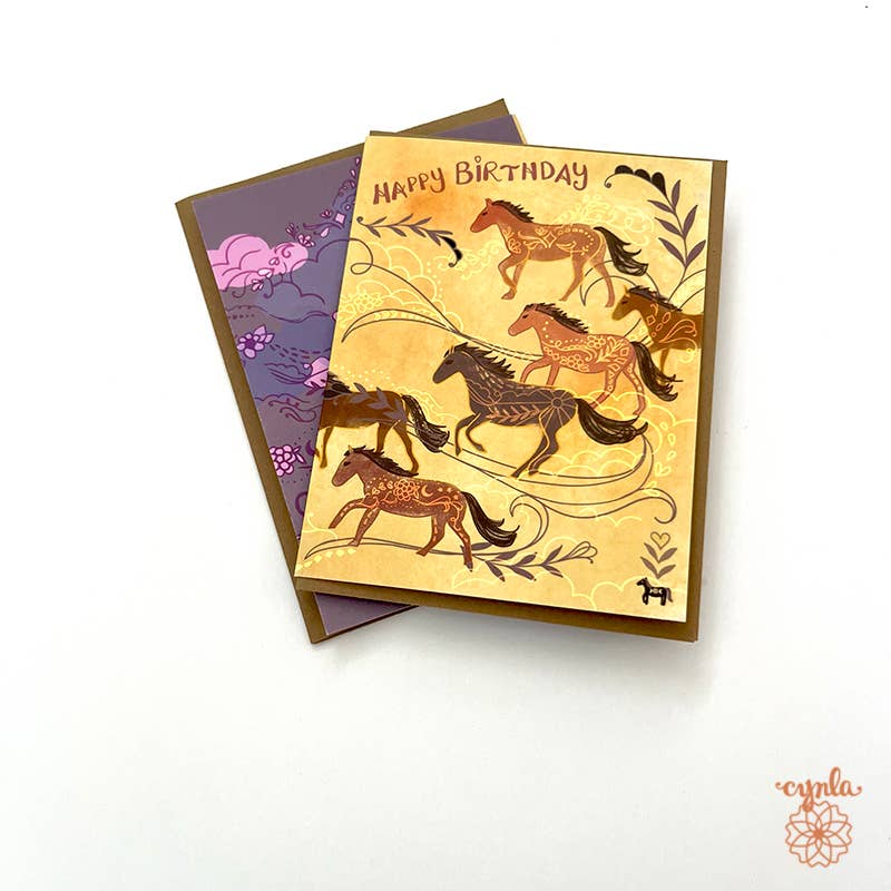 Cynla - Horse Birthday Card - horse lover galloping horses art card