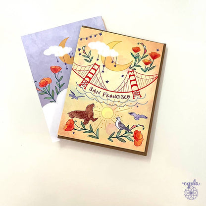 Cynla - San Francisco Moon Bridge greeting card Golden Gate Bridge