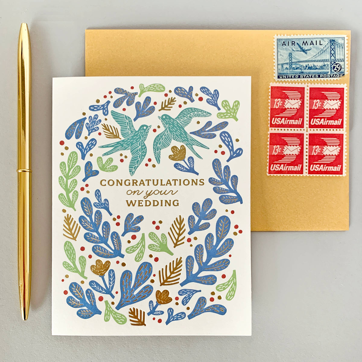 Paper Parasol Press - Bird Wedding Congratulations Card with Gold Foil