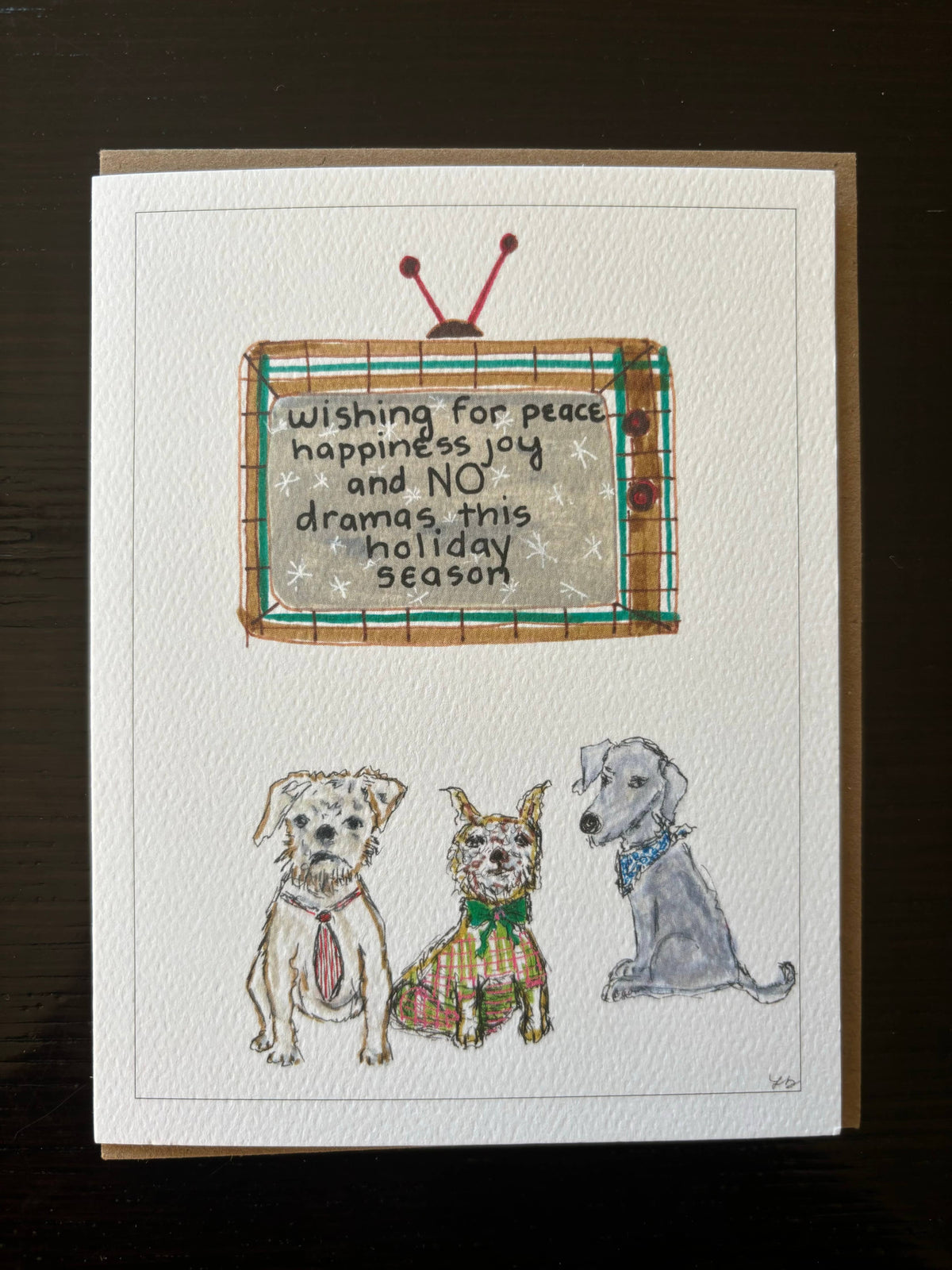 Bernie Street Studios - Funny retro t.v. No Drama holiday dog Christmas card