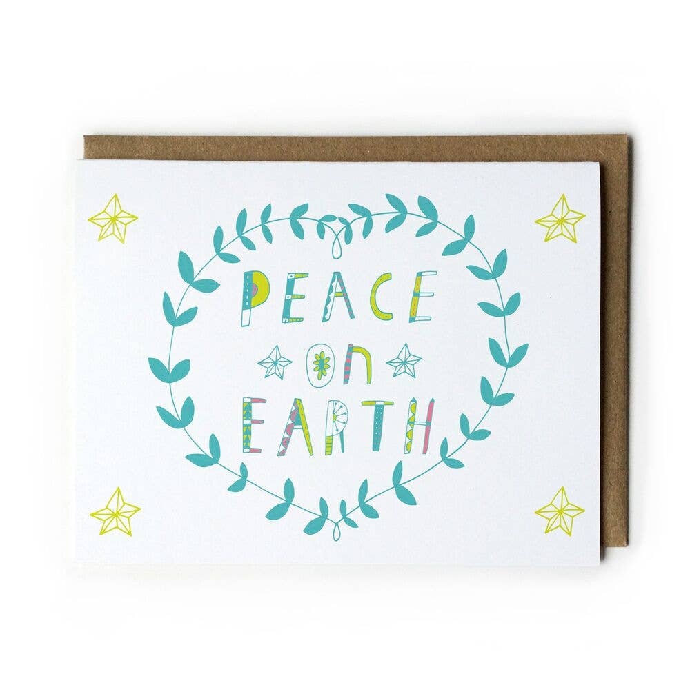 Honeyberry Studios - Peace on Earth Holiday Greeting Card: Green and Orange
