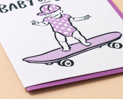 And Here We Are - Letterpress New Baby Card—Baby on Board (Skater, Cheeky)