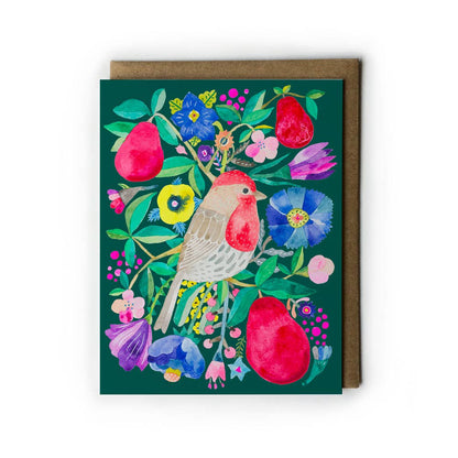 Honeyberry Studios - House Finch & Red Pear Christmas Greeting Card : Individual