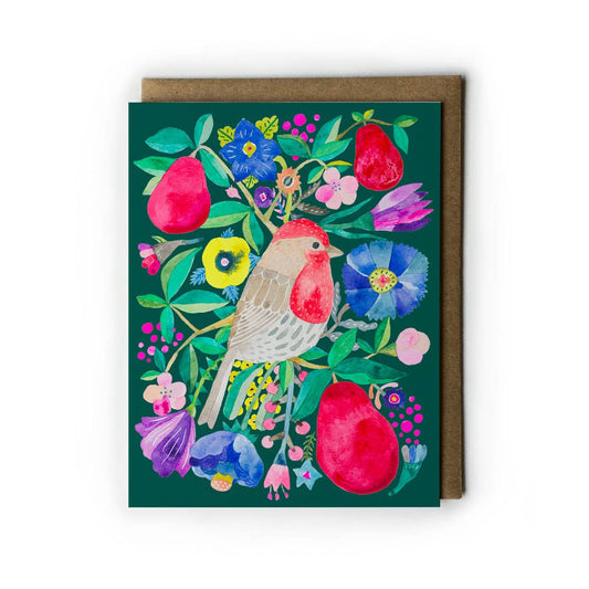 Honeyberry Studios - House Finch & Red Pear Christmas Greeting Card : Individual