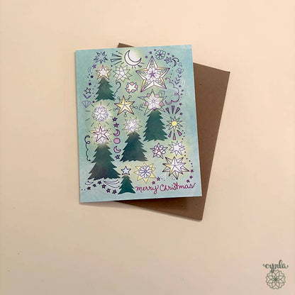 Cynla - BOX of 8 Starry Trees Christmas Card glowing light star warm