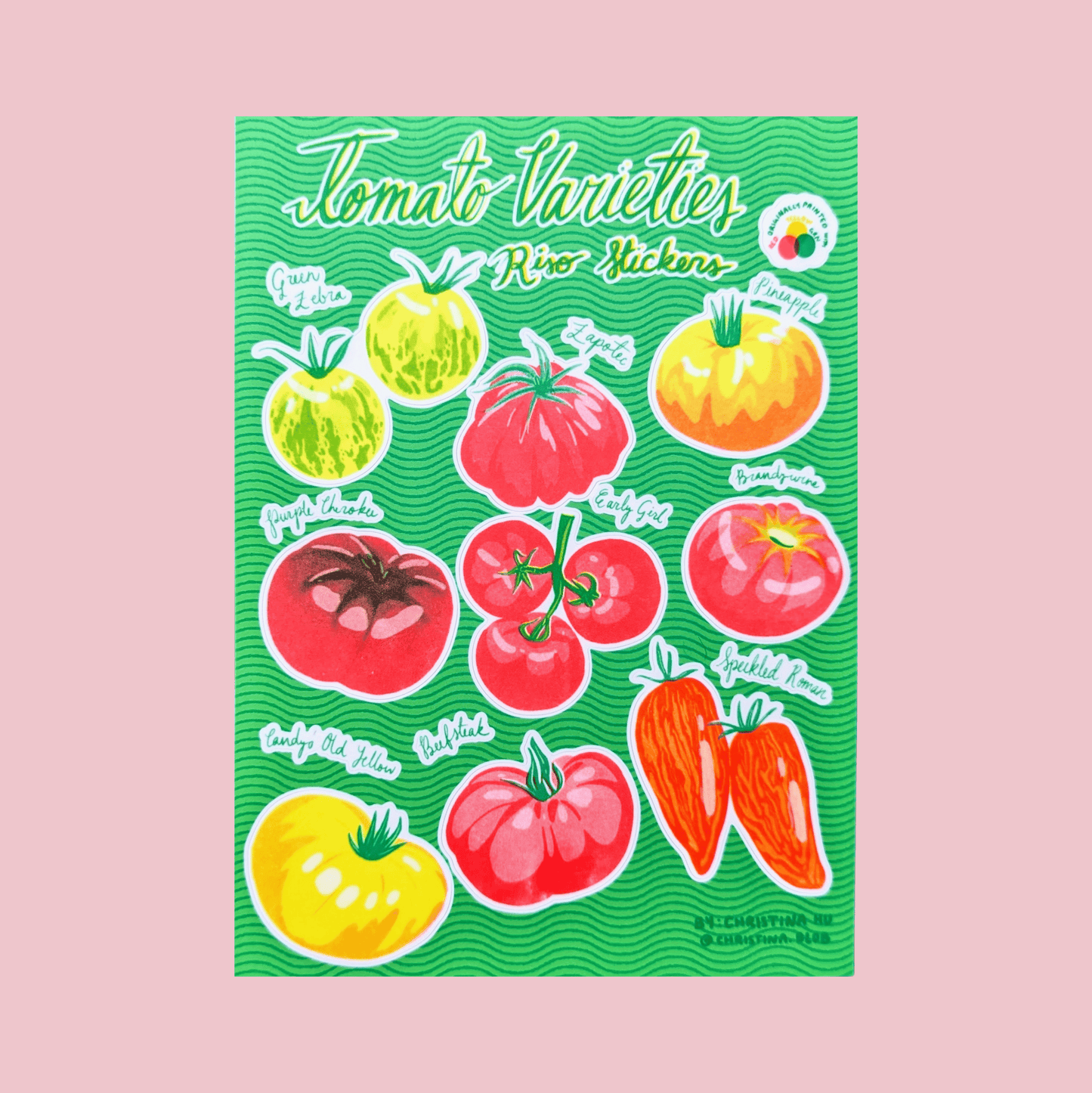 Christina Hu - Heirloom Tomato Varieties Risograph Sticker Sheet | 5"x7" Waterproof Vinyl