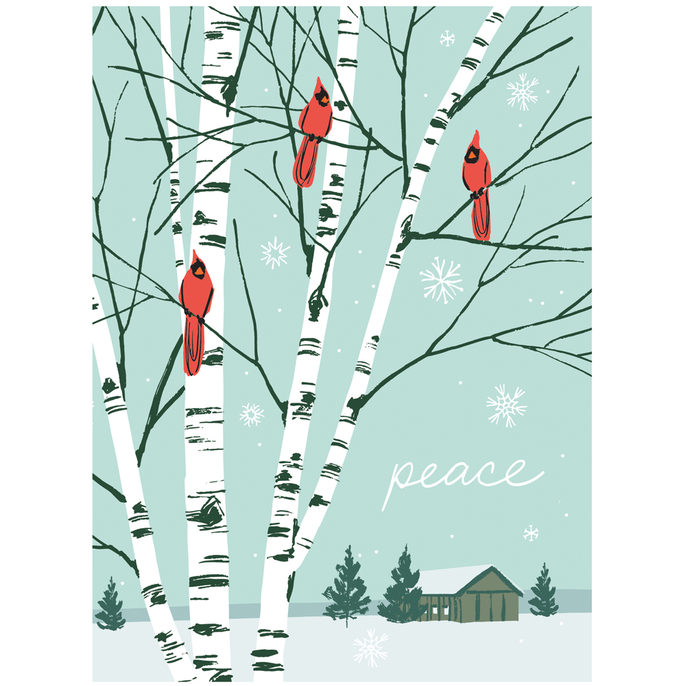 Smudge Ink - Cardinals in Birch Trees Holiday Card: Single Card