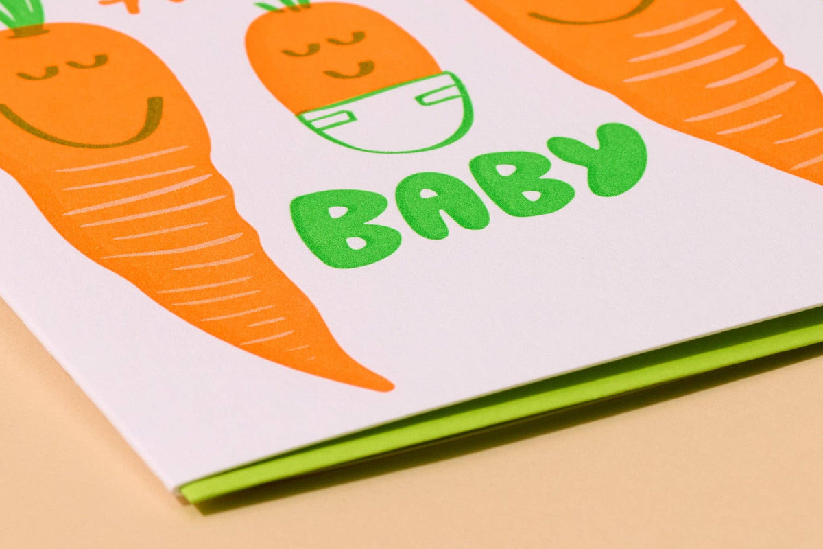 And Here We Are - Letterpress New Baby Card—Hello Baby Carrot (Veggie, Cute)
