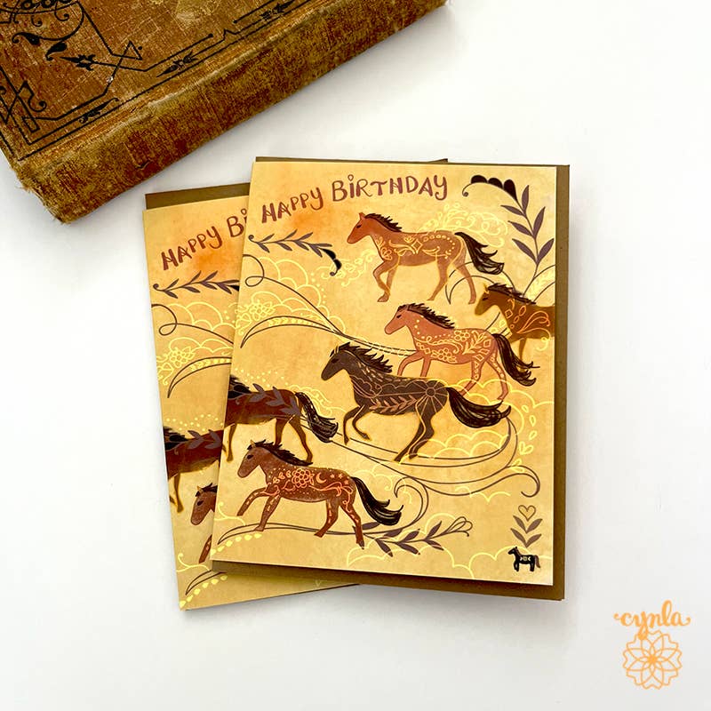 Cynla - Horse Birthday Card - horse lover galloping horses art card