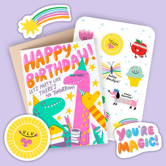 HELLO! LUCKY - Dino Party Birthday Card + Sticker Sheet Set