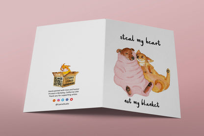 Liyana Studio - Blanket Thief Love - Funny Valentines Day Card: Not My Blanket (pink)